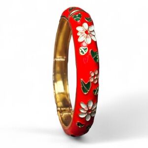 ♥️Italian Red Floral Enamel Gold-Tone Hinged Bangle Bracelet